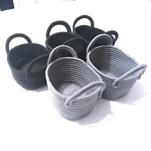 Set of 6 Woven Cotton Rope Storage Baskets – 3 black, 2 Gray, and One Pink